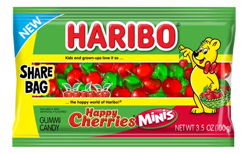 HARIBO Happy Cherries Mini Gummies Poppable Fruit Flavor Gummy Candy, 3.5oz, Share Size Peg Bag