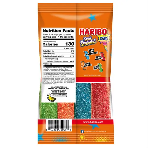 HARIBO Zing Sour Streamers Gummies Original Assorted Fruit Flavor Sour Gummy Candy, 7.2oz, Share Size Bag thumbnail 2