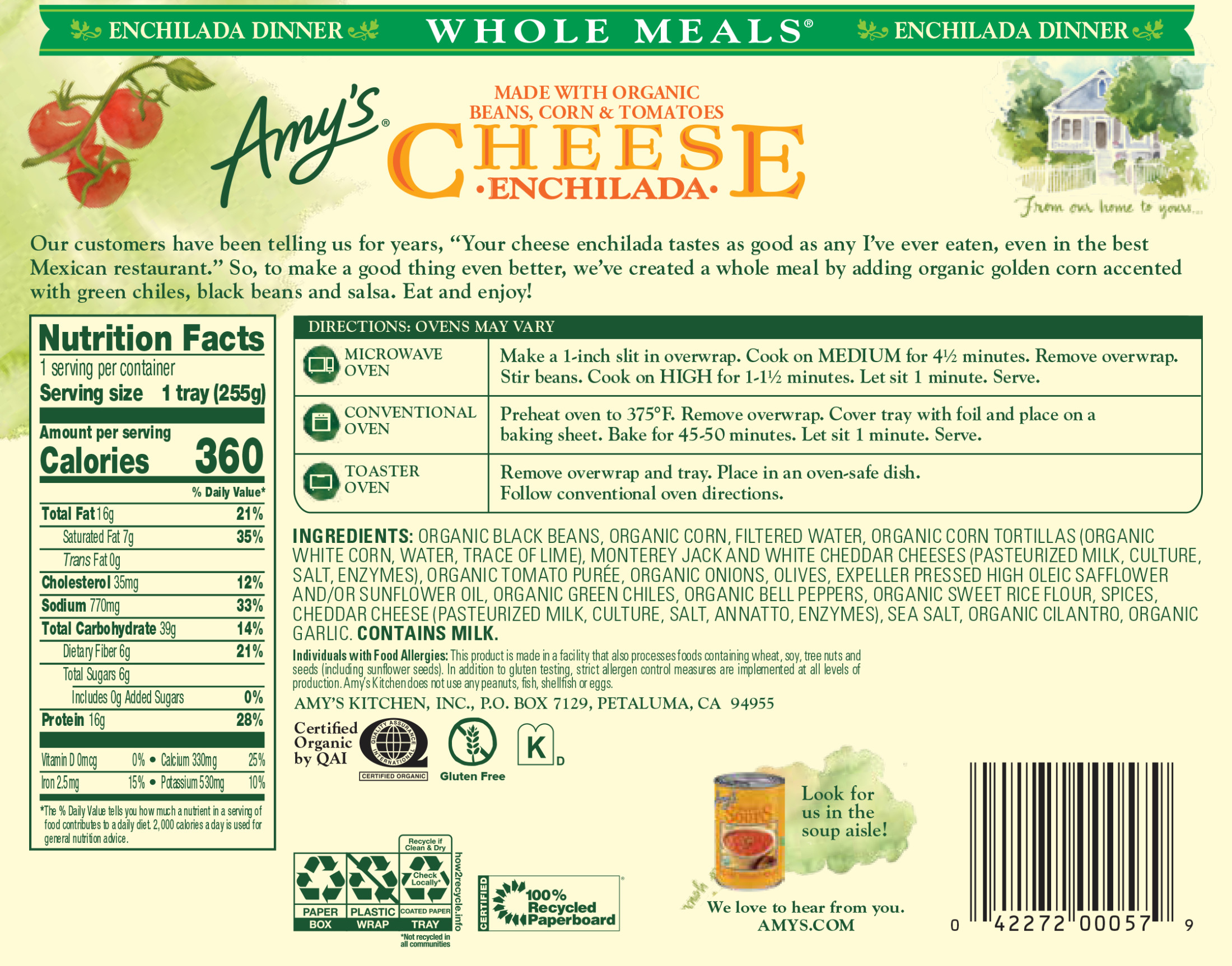 Amy's Frozen Meals, Cheese Enchilada Whole Meal, Gluten Free Microwave Meal, 9 oz thumbnail 2