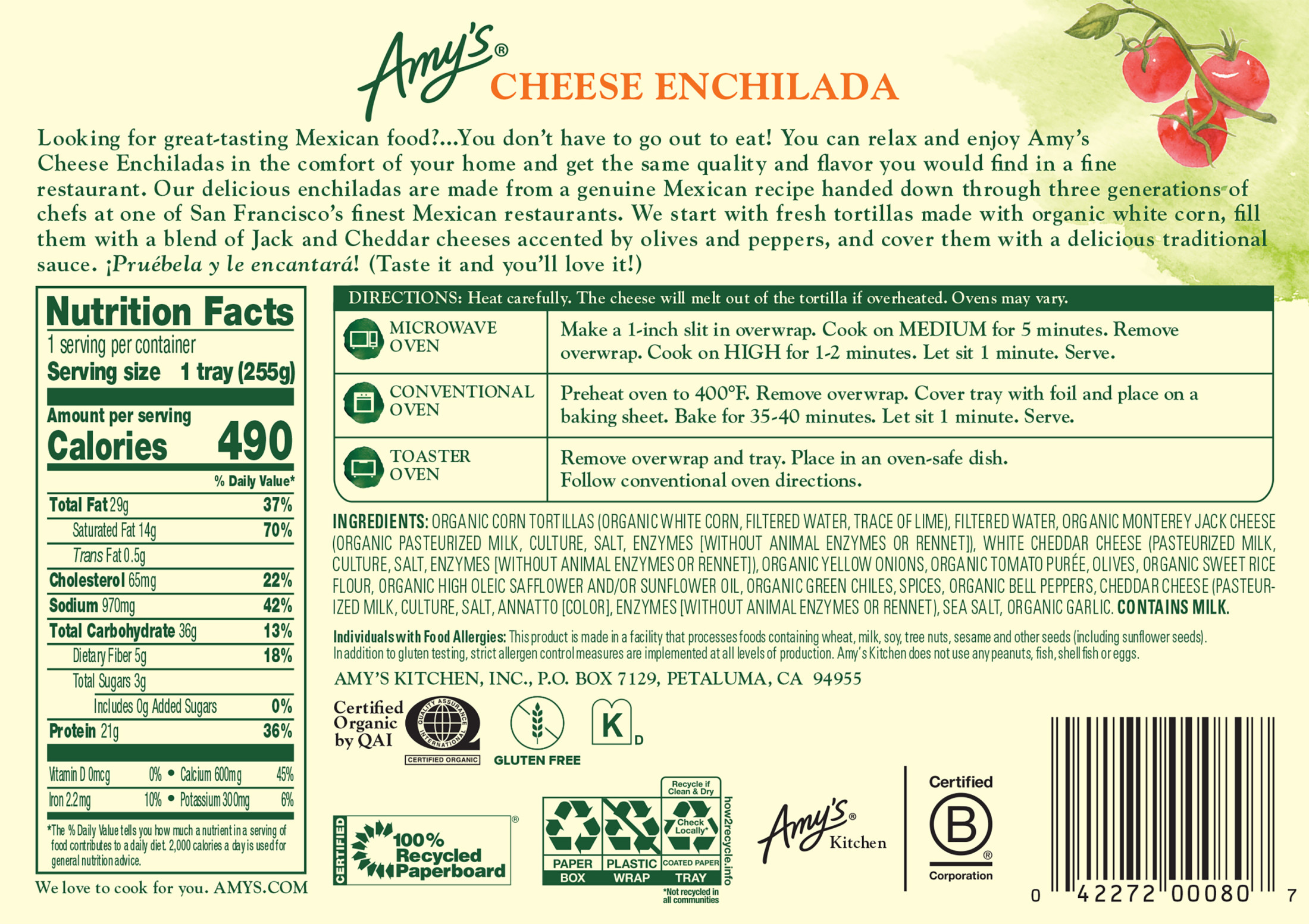 Amy's Frozen Meals, Cheese Enchilada, Gluten Free Microwave Meals, 9 oz thumbnail 2
