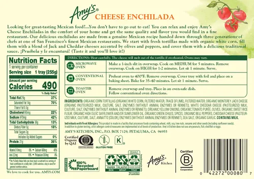 Amy's Frozen Meals, Cheese Enchilada, Gluten Free Microwave Meals, 9 oz thumbnail 2