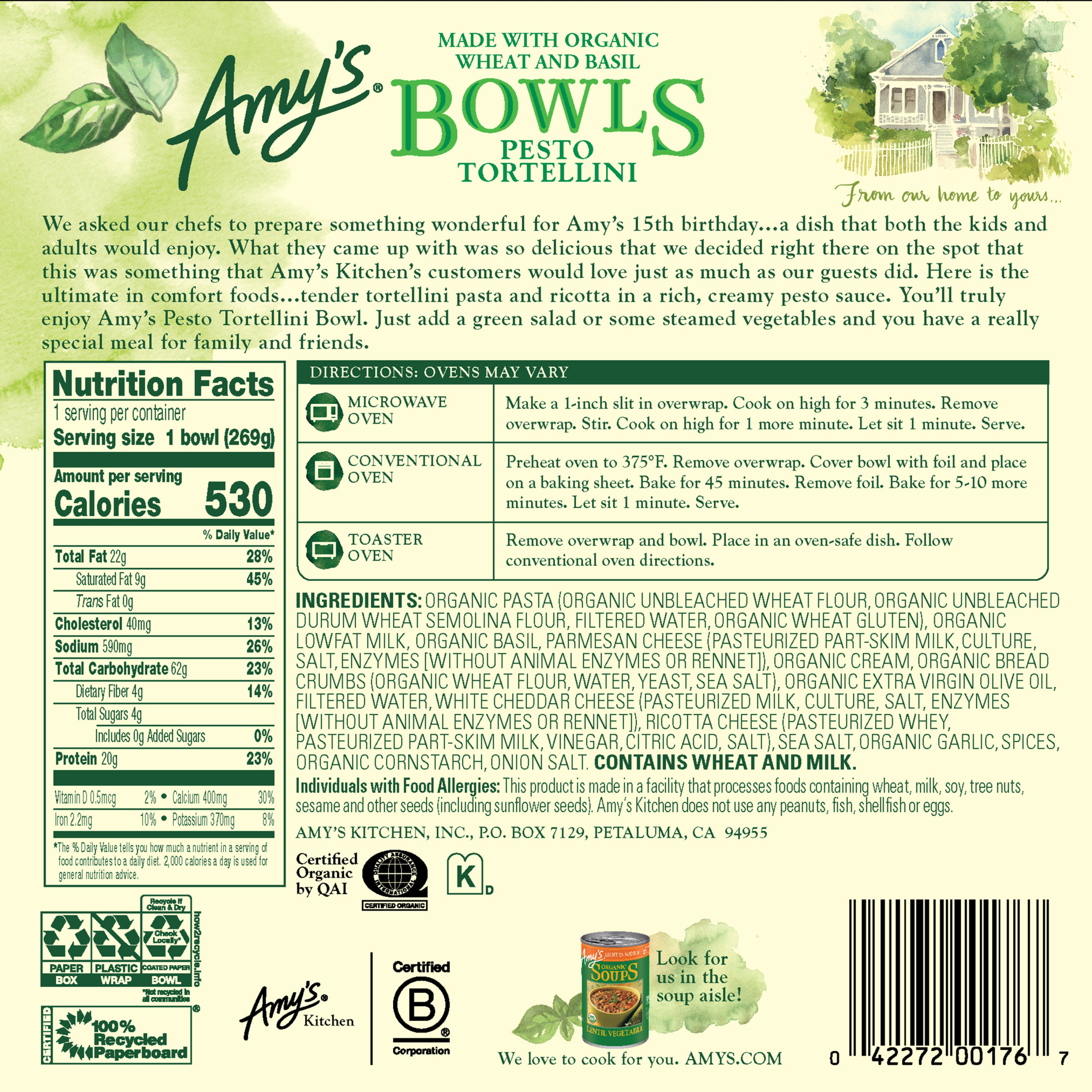 Amy's Frozen Meals, Pesto Tortellini Bowl, Microwave Meals, 9.5 oz thumbnail 2