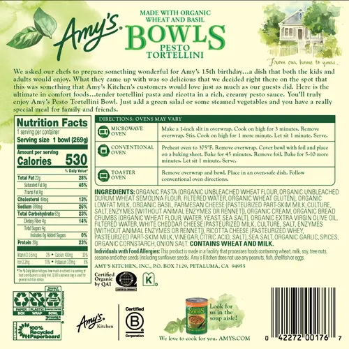 Amy's Frozen Meals, Pesto Tortellini Bowl, Microwave Meals, 9.5 oz thumbnail 2