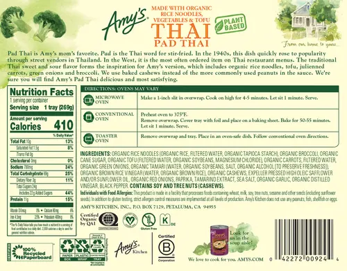 Amy's Frozen Meals, Pad Thai, Gluten Free Microwave Meals, 9.5 oz thumbnail 2