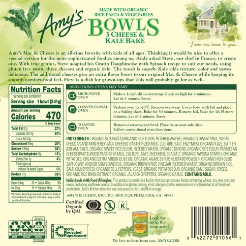 Amy's Frozen Meals, Three Cheese Kale Bake Bowl, Microwave Meals, 8.5 oz thumbnail 2