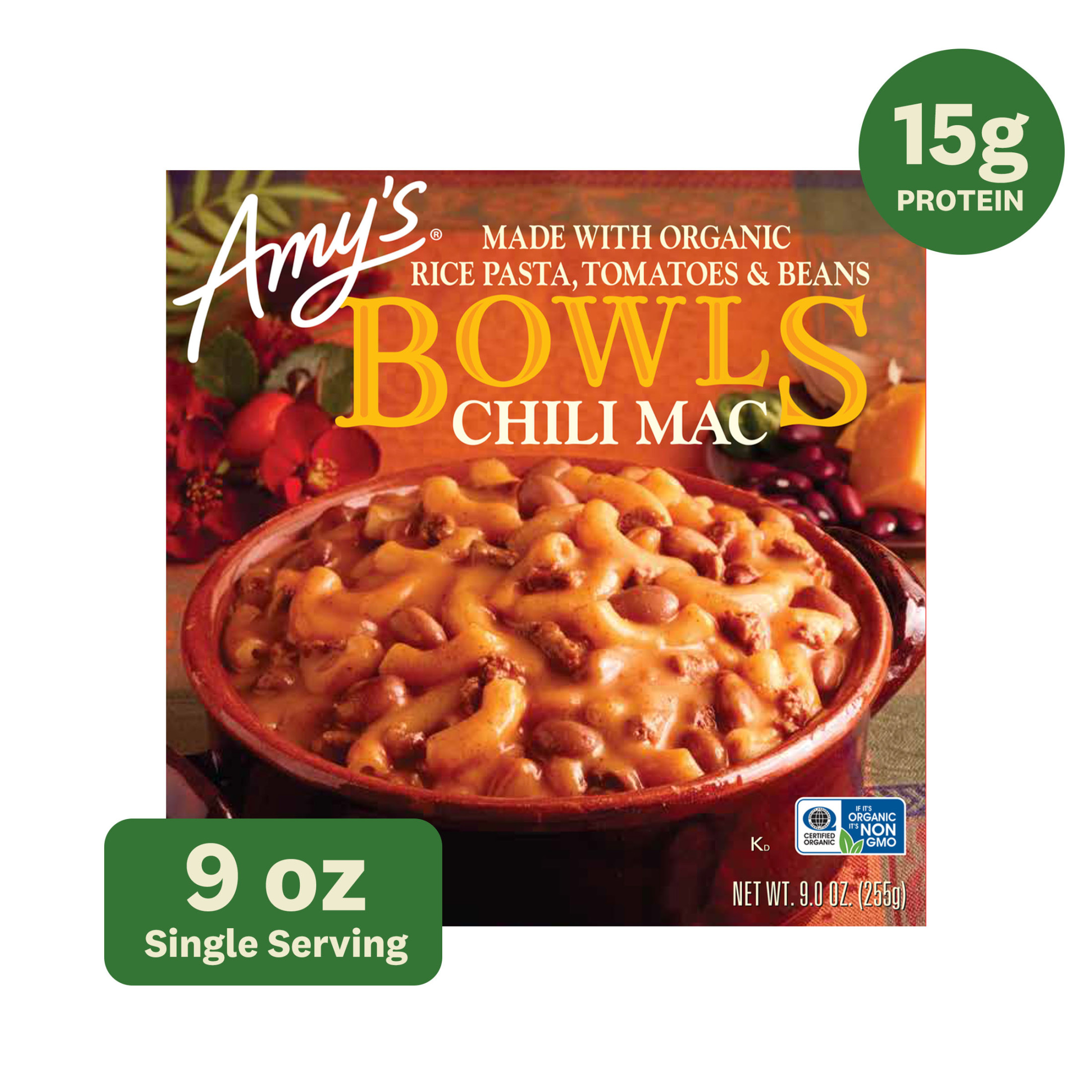 Amy's Frozen Meals, Chili Mac Bowl, Microwave Meals, 9 oz