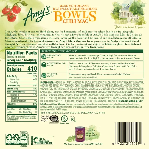Amy's Frozen Meals, Chili Mac Bowl, Microwave Meals, 9 oz thumbnail 2