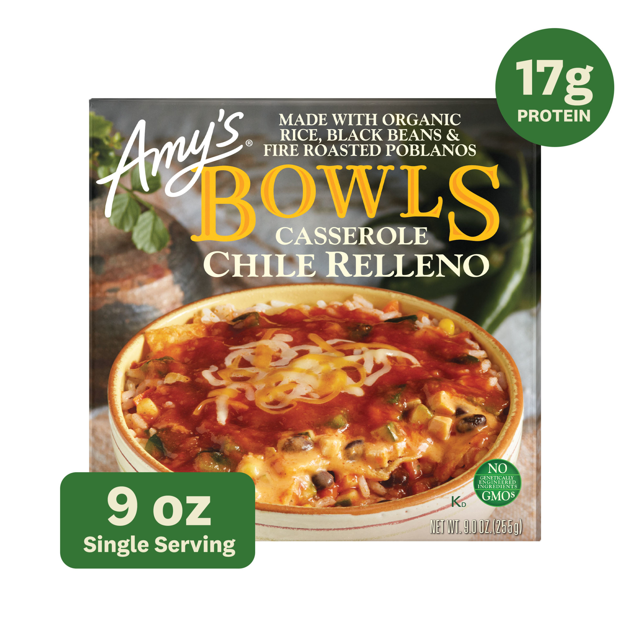 Amy's Frozen Meals, Chile Relleno Casserole Bowl, Microwave Meals, 9 oz