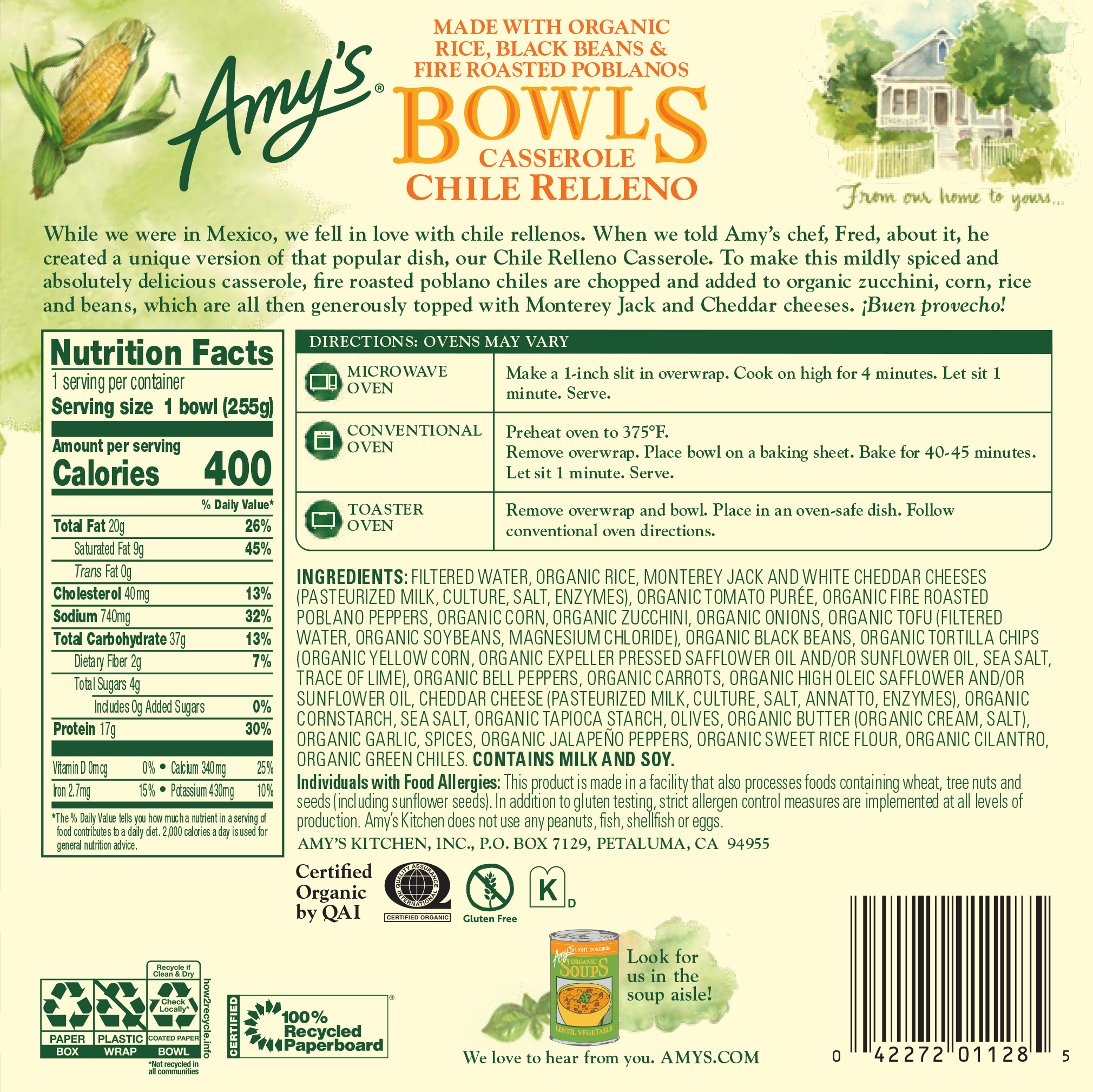 Amy's Frozen Meals, Chile Relleno Casserole Bowl, Microwave Meals, 9 oz thumbnail 2