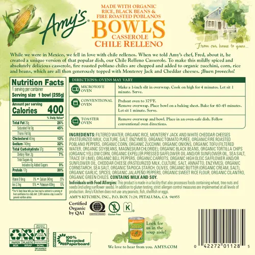 Amy's Frozen Meals, Chile Relleno Casserole Bowl, Microwave Meals, 9 oz thumbnail 2