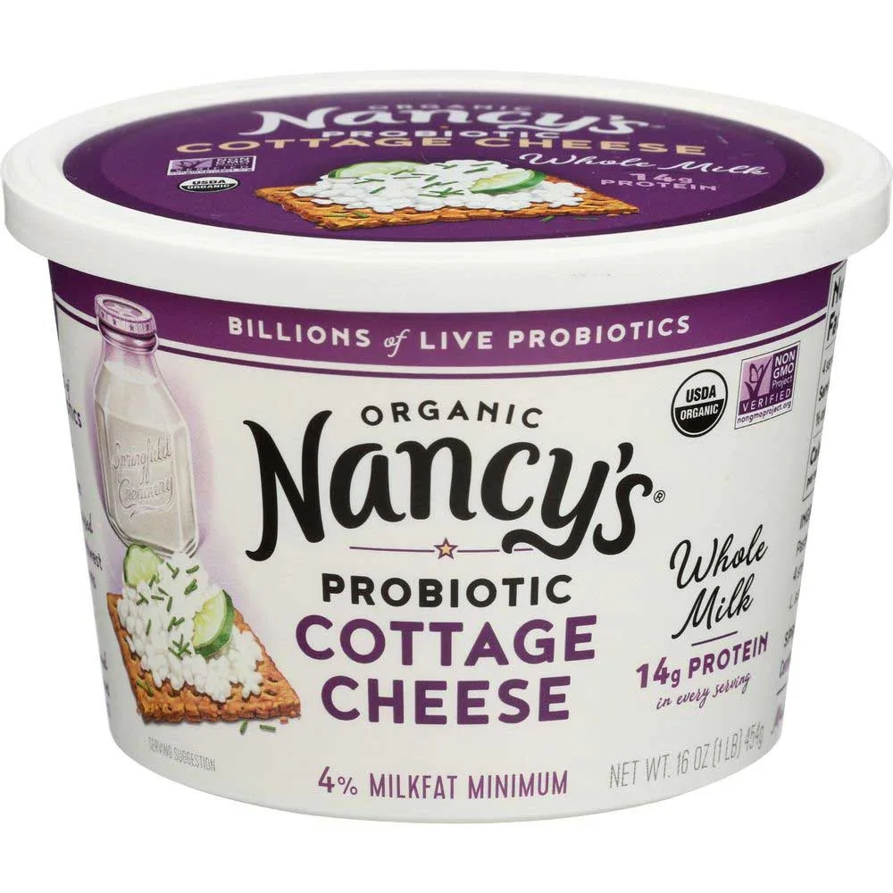 Nancys Organic Probiotic Whole Milk Cottage Cheese Tub, 4% Milk Fat, 14 g Protein, 16 oz tub