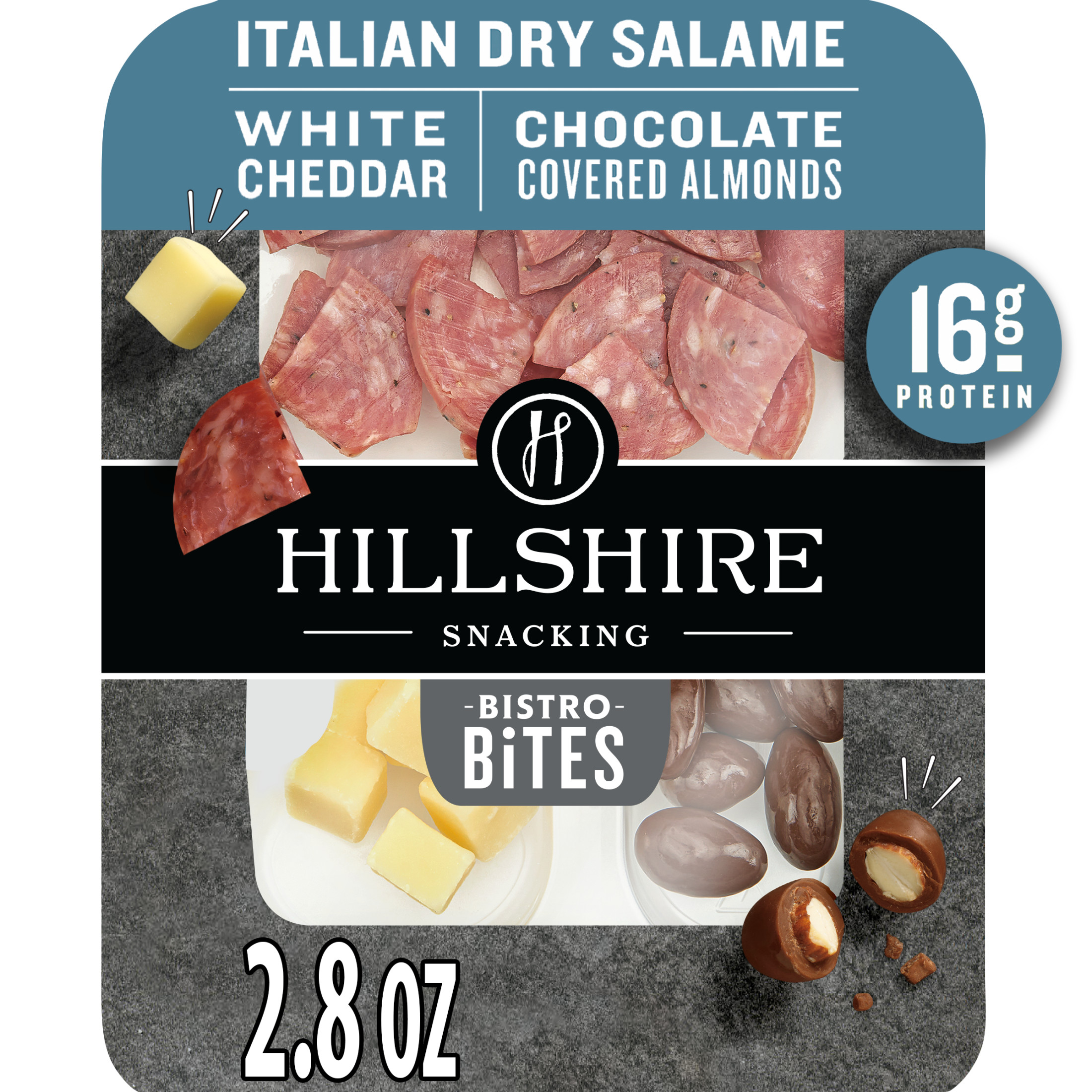 Hillshire Snacking Protein Bistro Bites, Italian Dry Salami, White Cheddar Cheese & Chocolate Covered Almonds Snack Pack, 2.