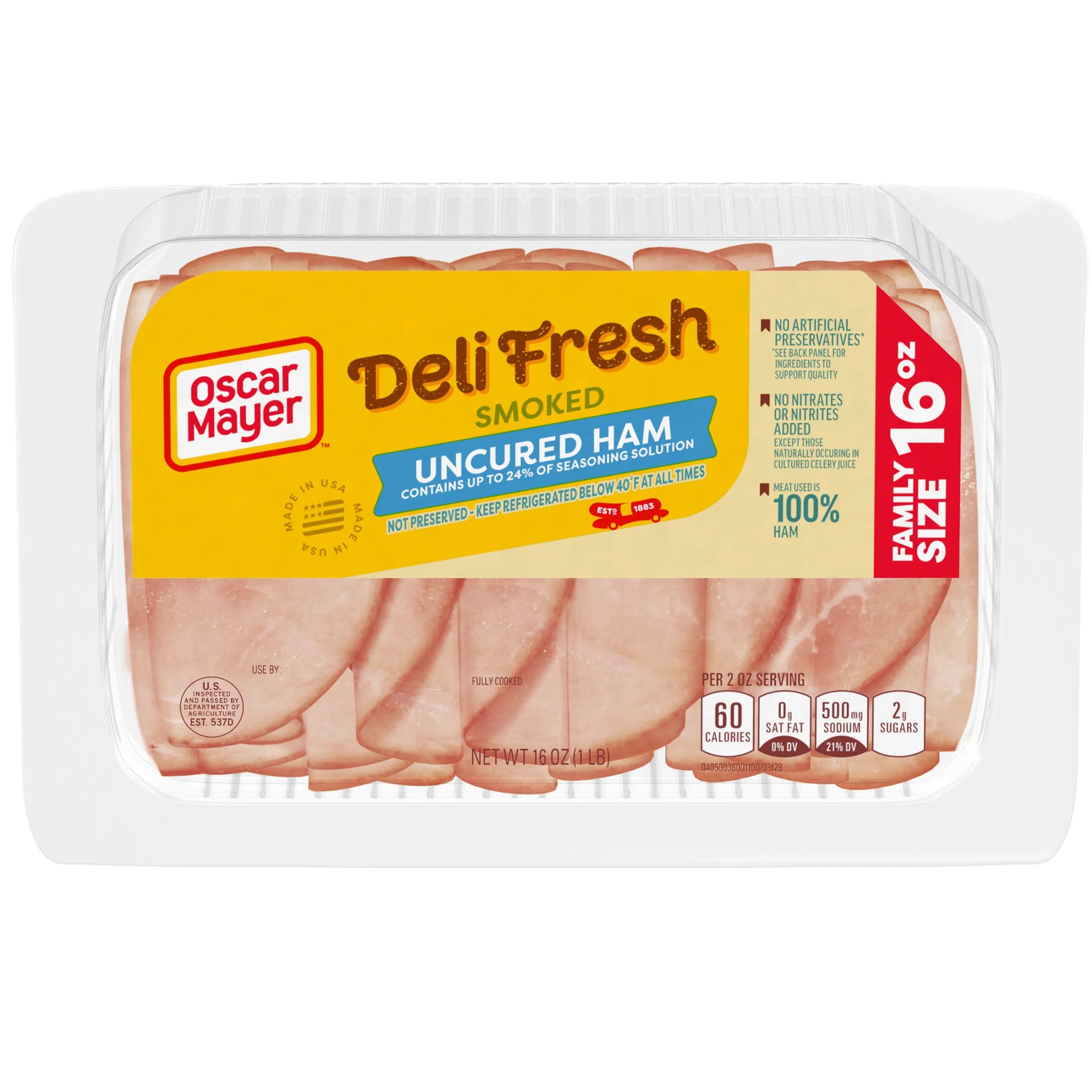 Oscar Mayer Deli Fresh Smoked Uncured Sliced Ham Deli Lunch Meat Family Size, 16 Oz Package
