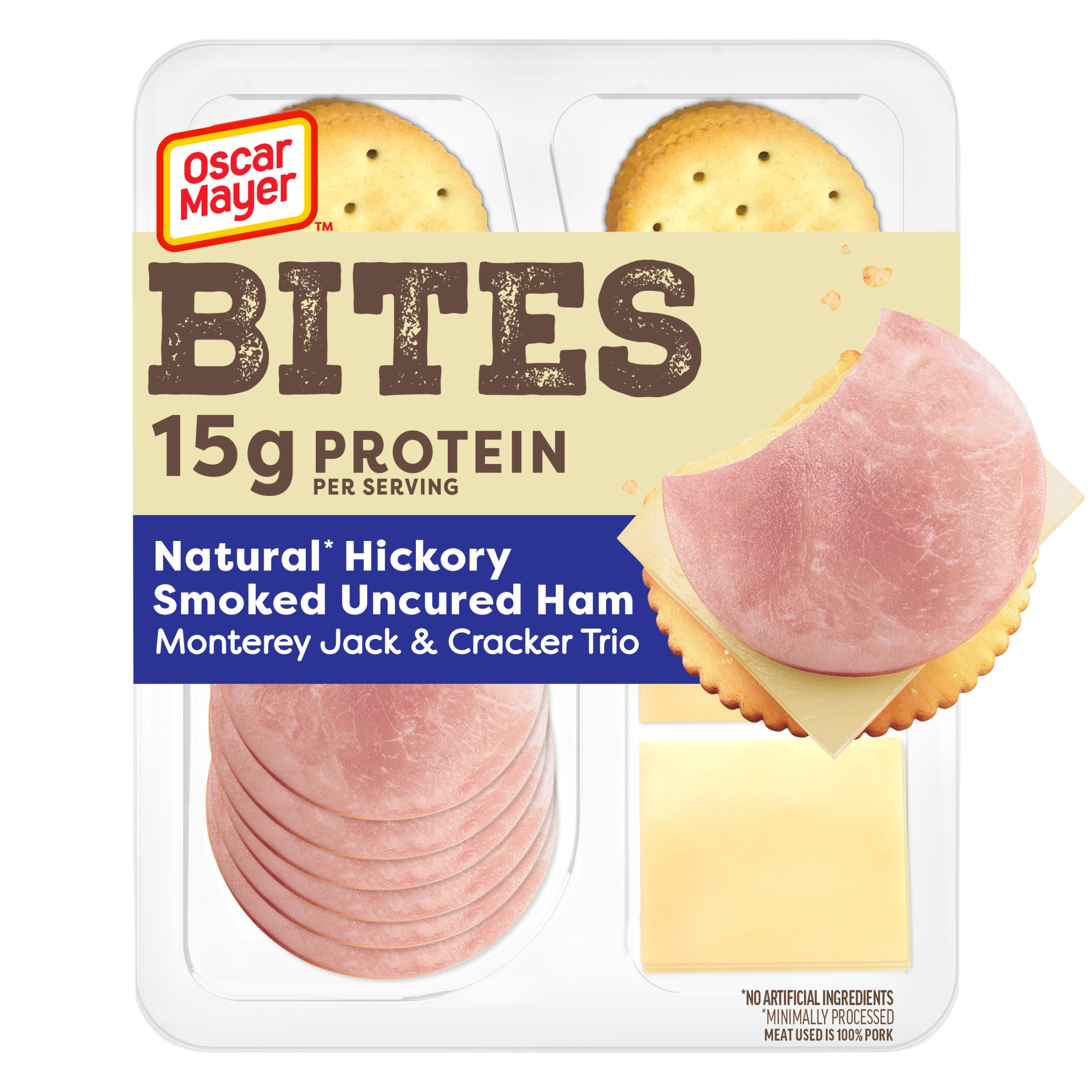Oscar Mayer Bites Hickory Smoked Uncured Ham, Monterey Jack & Cracker Trio Meat & Cheese Snack Plate, 3.3 oz Tray