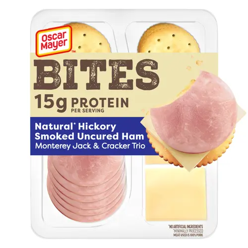 Oscar Mayer Bites Hickory Smoked Uncured Ham, Monterey Jack & Cracker Trio Meat & Cheese Snack Plate, 3.3 oz Tray