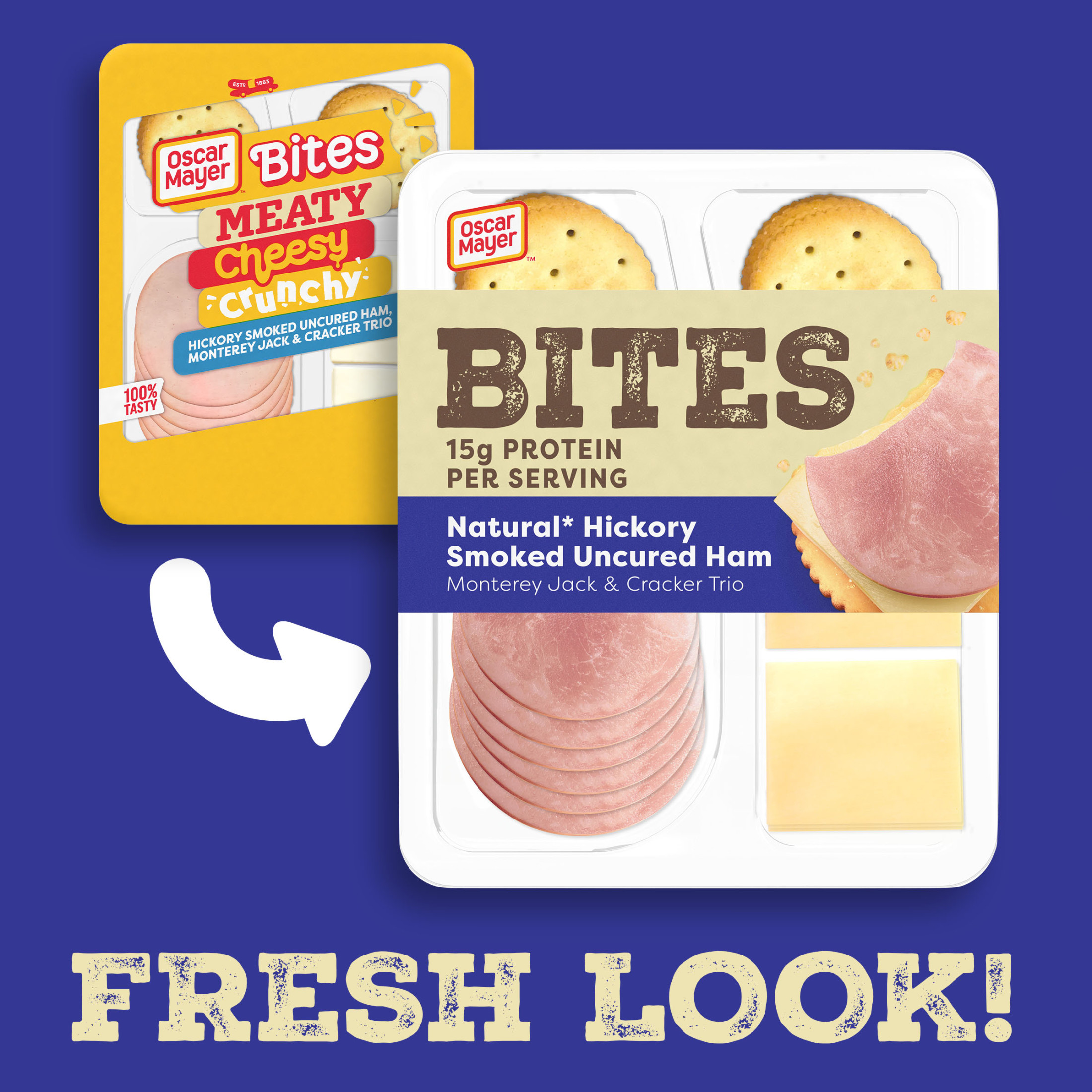 Oscar Mayer Bites Hickory Smoked Uncured Ham, Monterey Jack & Cracker Trio Meat & Cheese Snack Plate, 3.3 oz Tray thumbnail 2