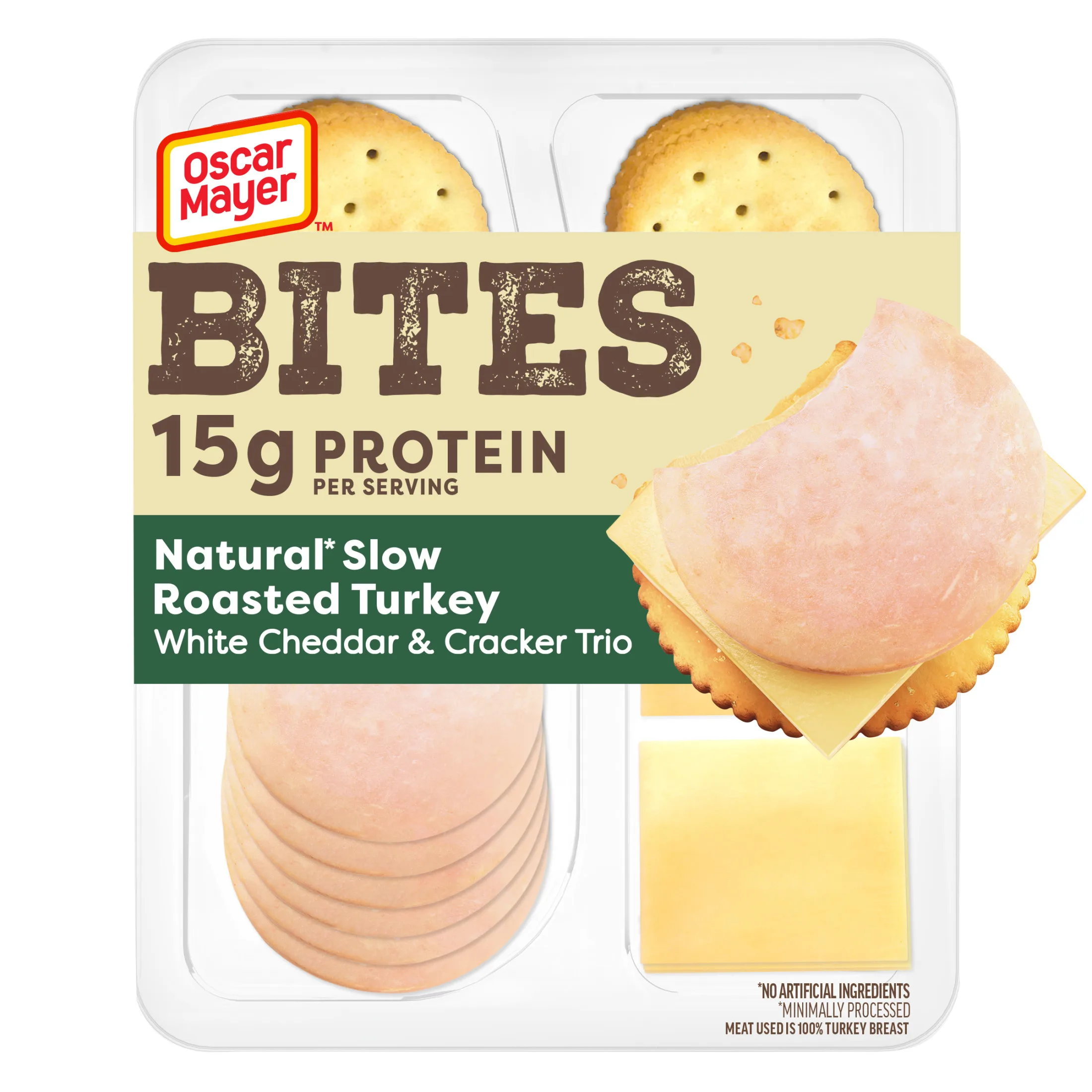 Oscar Mayer Bites Natural Slow-Roasted Turkey, White Cheddar & Cracker Trio Meat & Cheese Snack Plate, 3.3 oz Tray