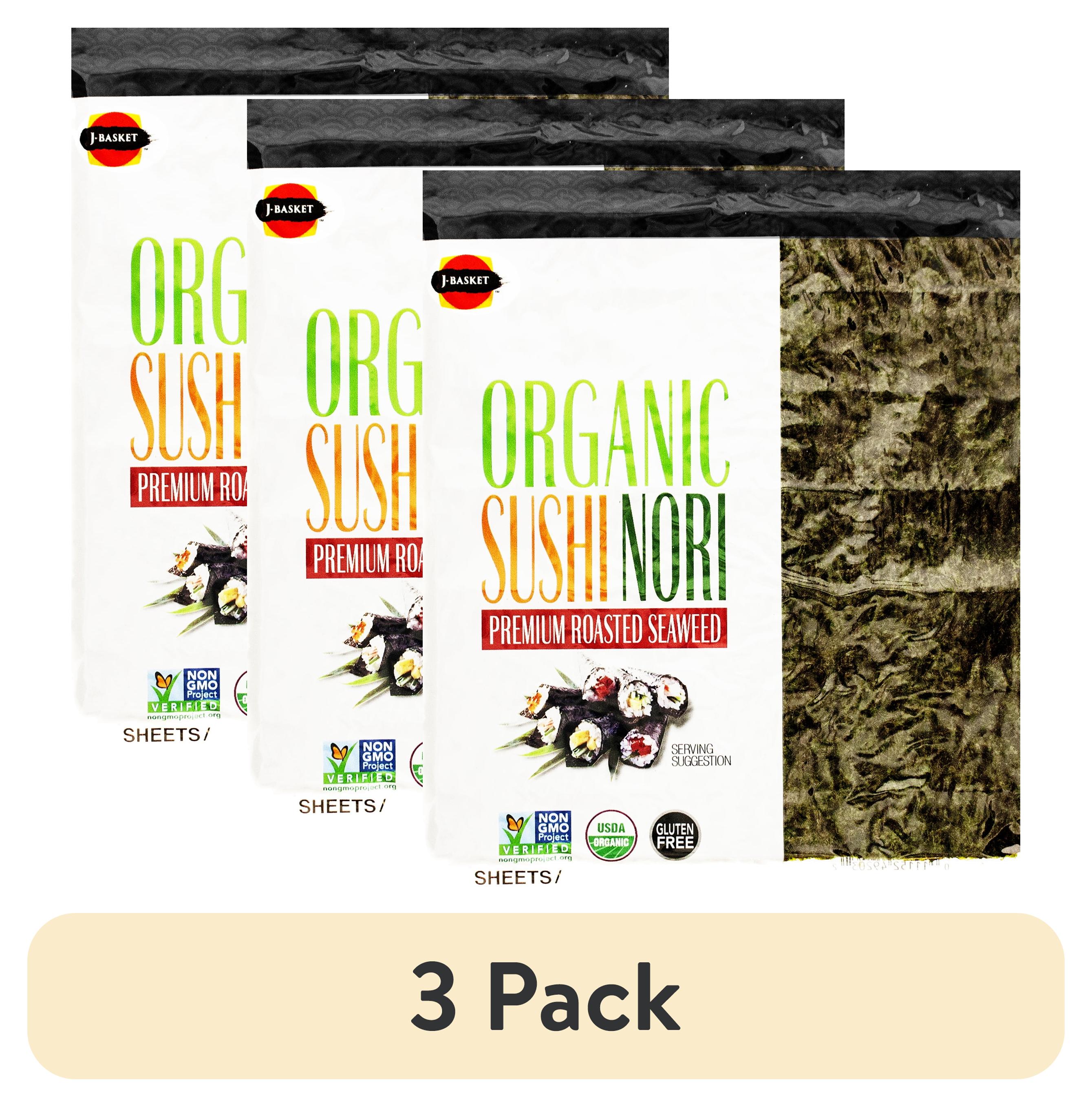 (3 pack) J-Basket, Sushi Nori Seaweed Full Sheet, USDA Organic, Vegan, Non-GMO, Gluten-Free, 10 full sheets per bag, Shelf-Stabl