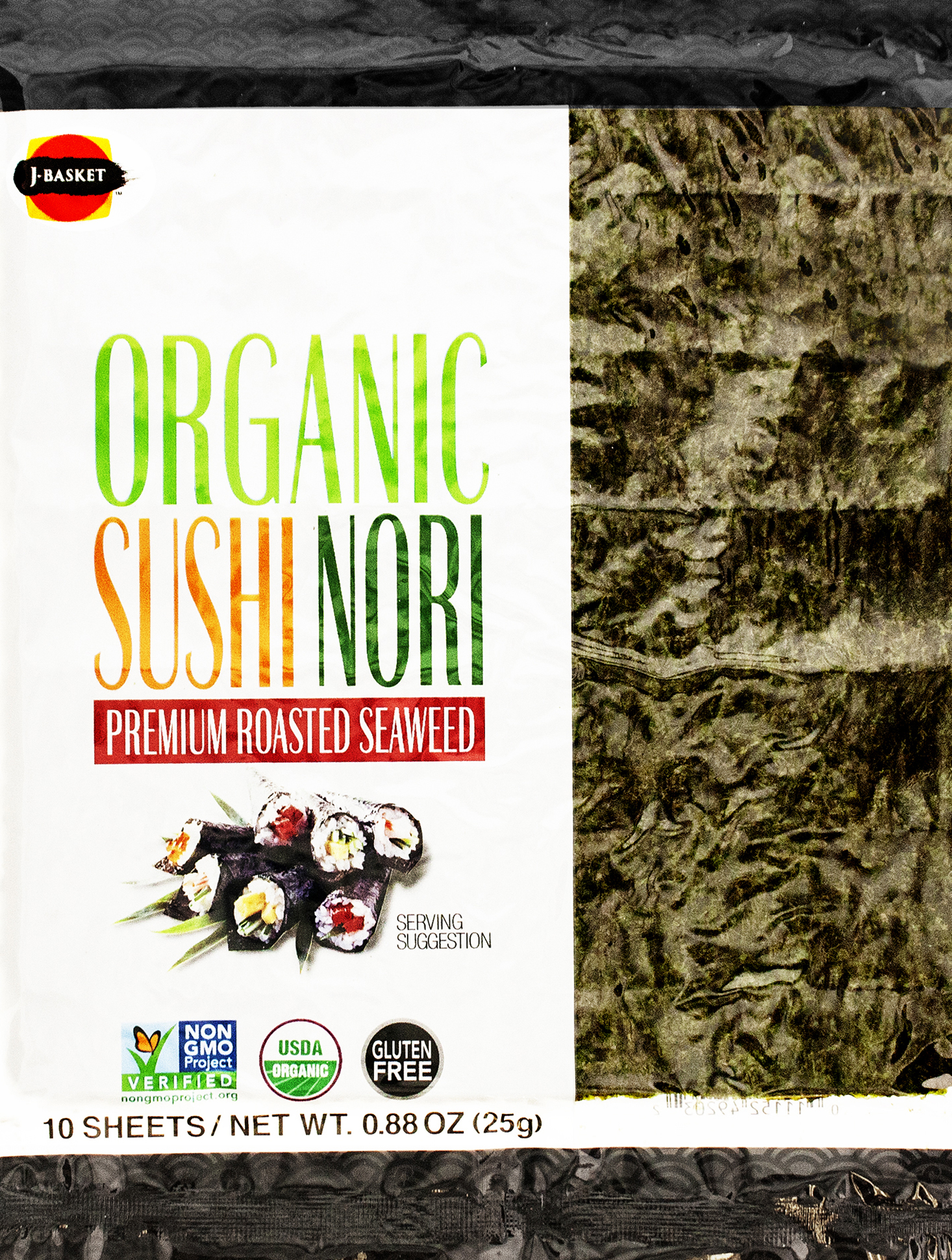 (3 pack) J-Basket, Sushi Nori Seaweed Full Sheet, USDA Organic, Vegan, Non-GMO, Gluten-Free, 10 full sheets per bag, Shelf-Stabl thumbnail 2