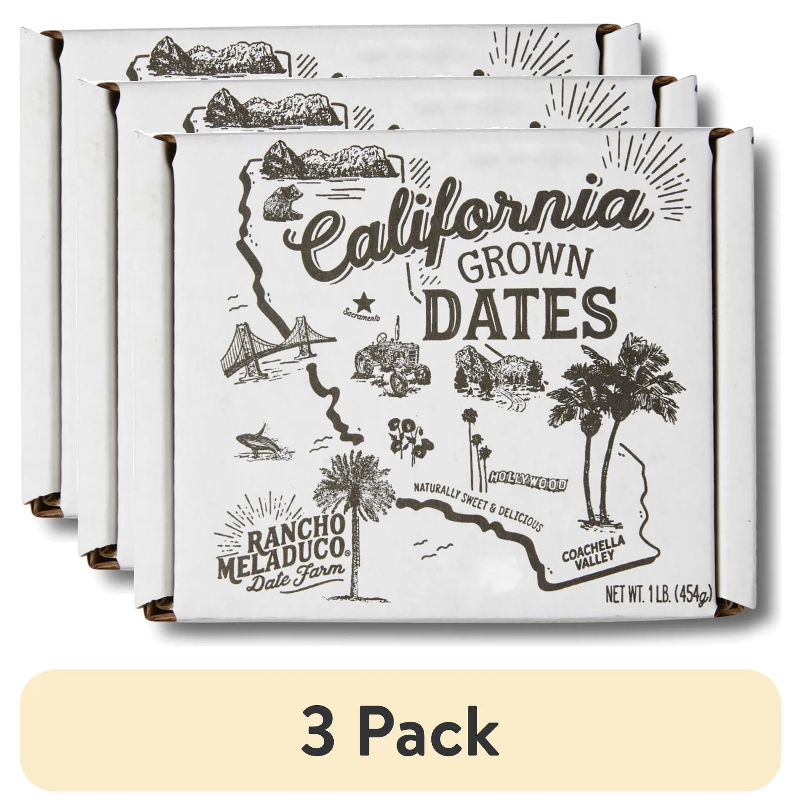 (3 pack) Rancho Meladuco California-Grown Medjool Dates, Whole Fresh Un-Pitted, 1 lb. Box Dates