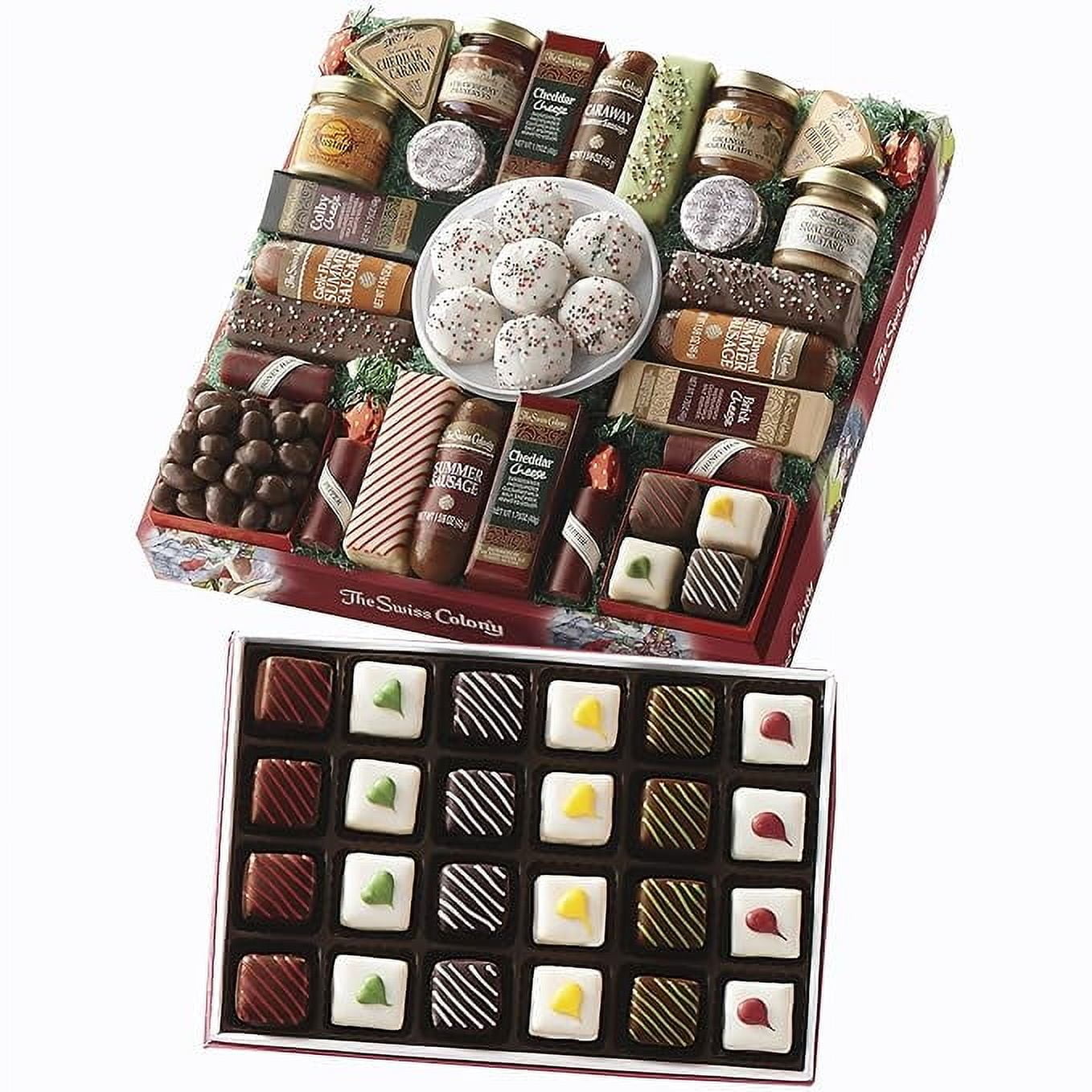 The Swiss Colony 27 Favorites and Christmas Petits Fours Gift Bundle - Assorted Cheeses, Candies, Chocolates, and Summer Sausage