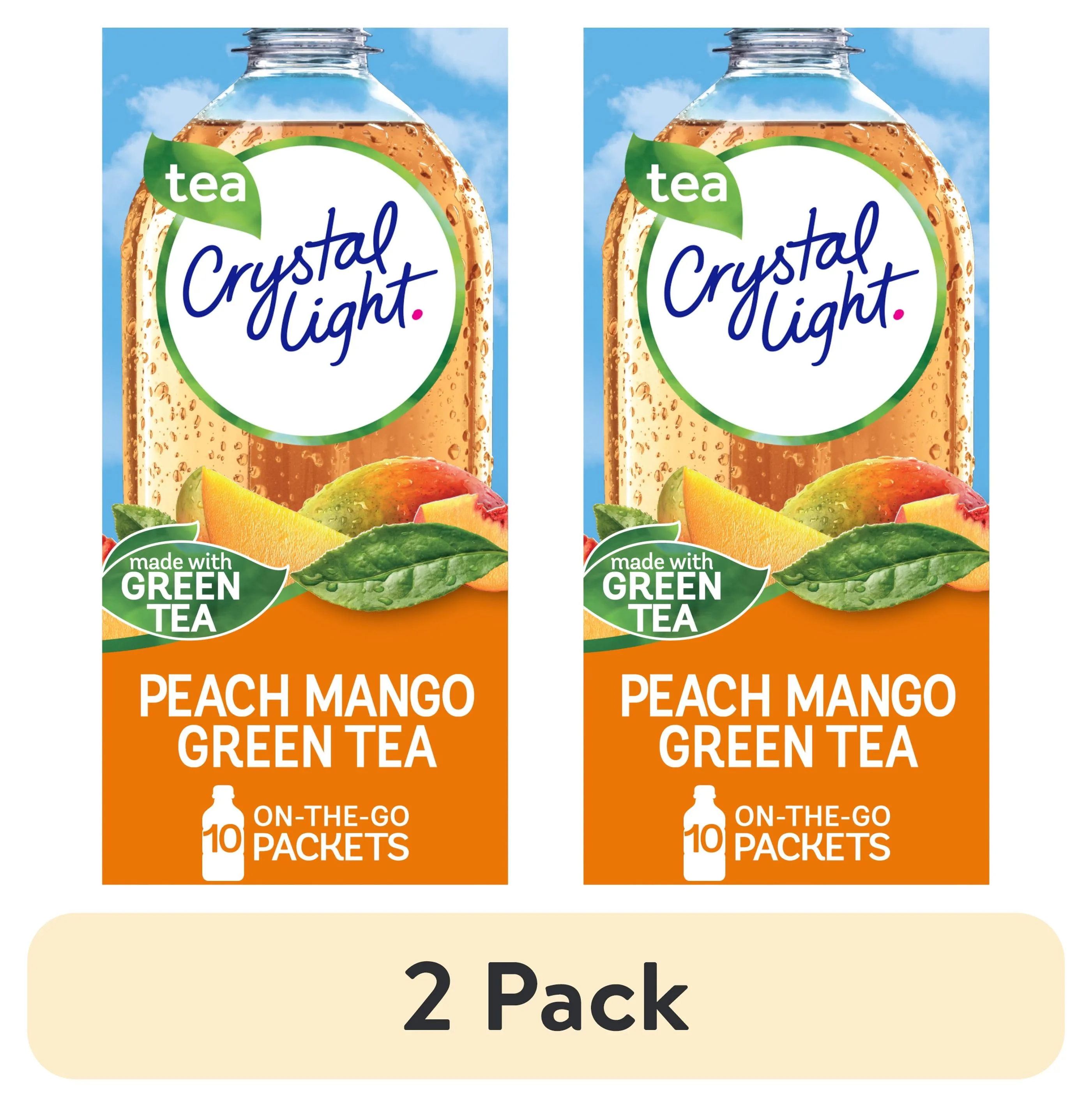 (2 pack) Crystal Light Peach Mango Green Tea Sugar Free Drink Mix Singles, 10 ct On-the-Go-Packets