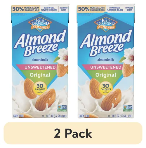 (2 pack) Almond Breeze, Unsweetened Original Almondmilk, 64 oz, Shelf Stable, Cardboard Carton