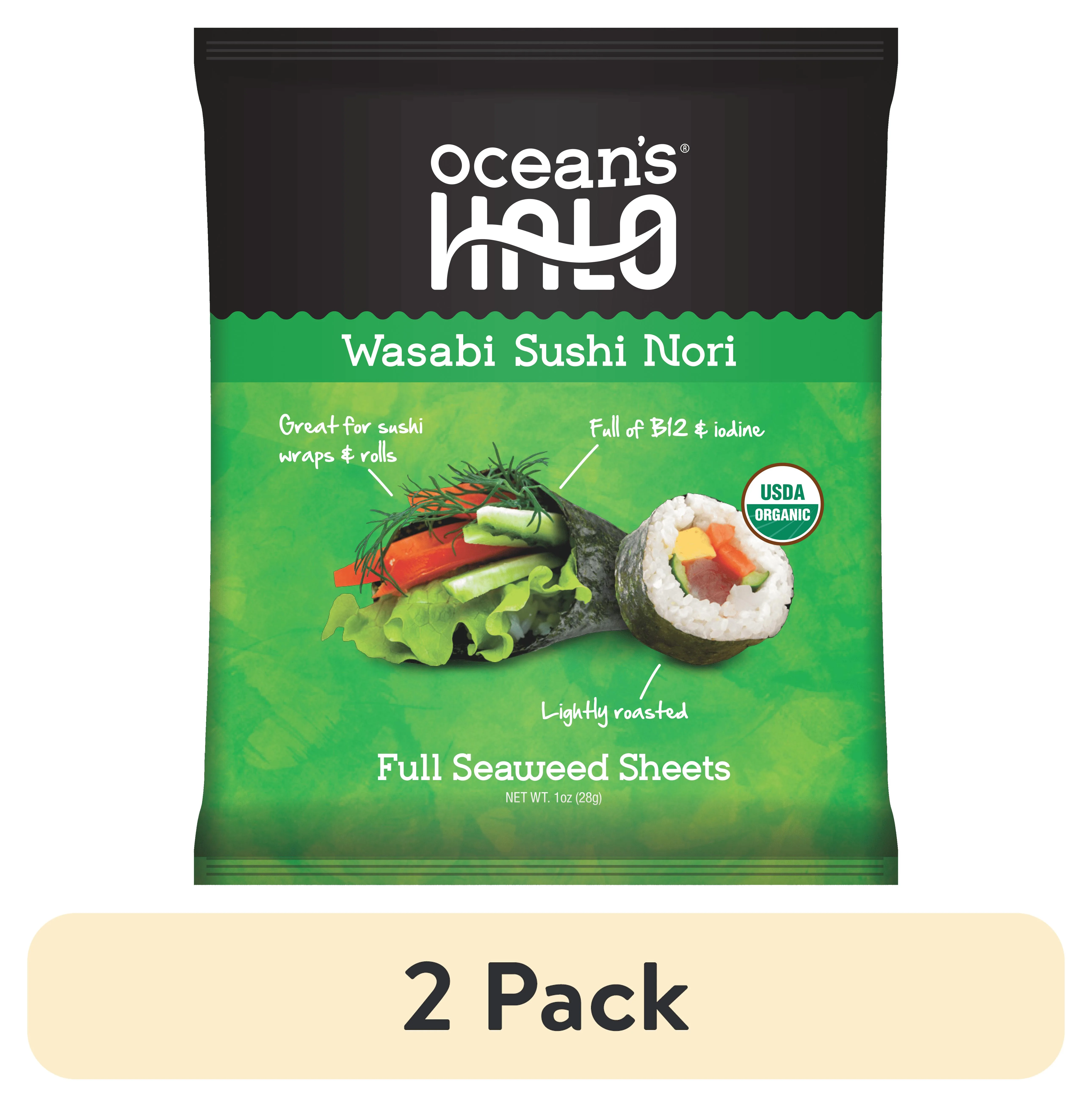 (2 pack) Ocean's Halo, Wasabi Sushi Nori Seaweed Sheets, Organic, Vegan, Shelf-Stable, Perfect Paper for Wraps, 10 per Pack, 1.4