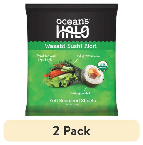 (2 pack) Ocean's Halo, Wasabi Sushi Nori Seaweed Sheets, Organic, Vegan, Shelf-Stable, Perfect Paper for Wraps, 10 per Pack, 1.4