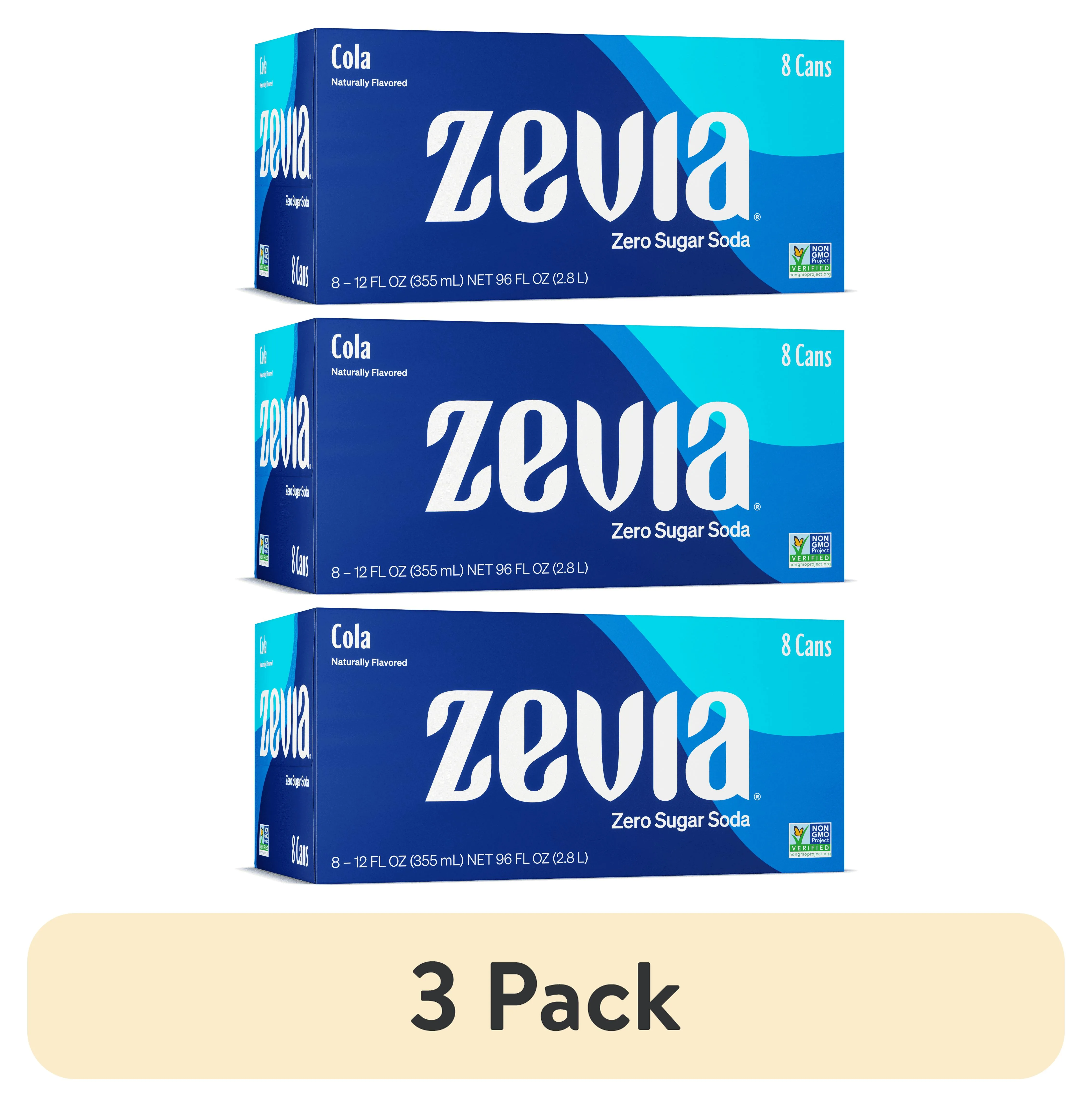 (3 pack) Zevia Zero Sugar, 0 Calorie Cola Soda Pop, 12 fl oz, 8 Pack Cans