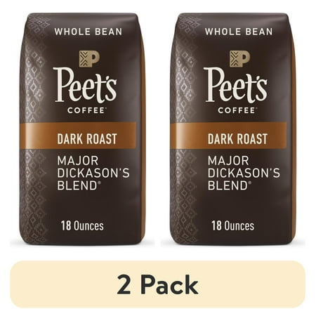 (2 pack) Peet's Coffee Major Dickason's Blend Premium Dark Roast Whole Bean Coffee, Arabica, 18 oz