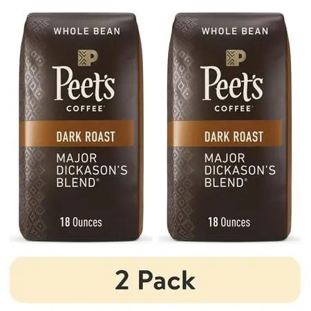 (2 pack) Peet's Coffee Major Dickason's Blend Premium Dark Roast Whole Bean Coffee, Arabica, 18 oz