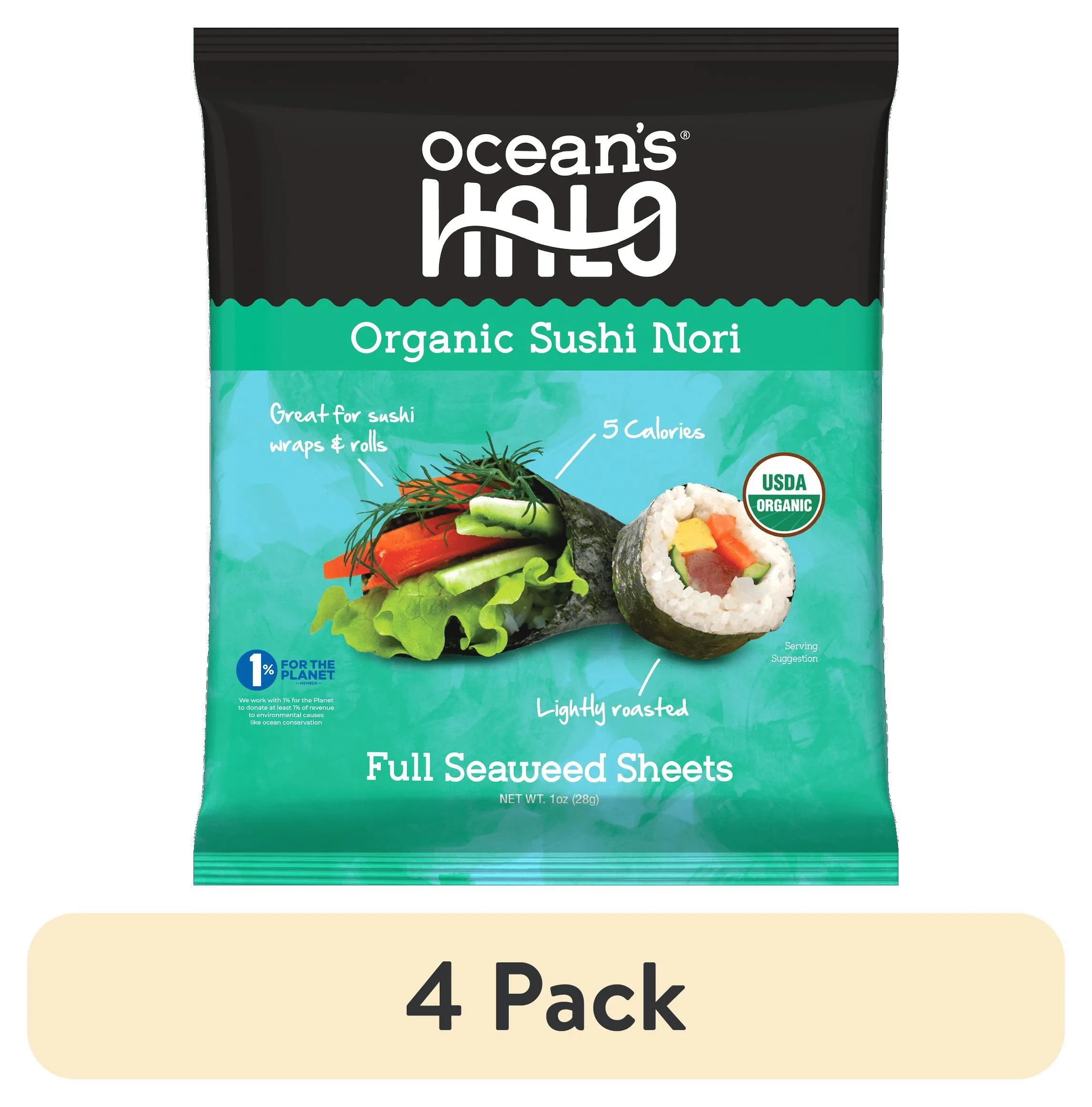 (4 pack) Ocean's Halo, Sushi Nori Seaweed, Organic, Vegan, Perfect Paper for Wraps, Shelf-Stable, 1 oz.