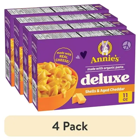 (4 pack) Annie's Deluxe Shells and Aged Cheddar, Pasta and Cheese Sauce, Mac and Cheese, 11 oz