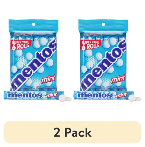 (2 pack) Mentos Chewy Mint Candy Roll, Peppermint, Peanut Free, Regular Size, 1.32 oz, 6 Count