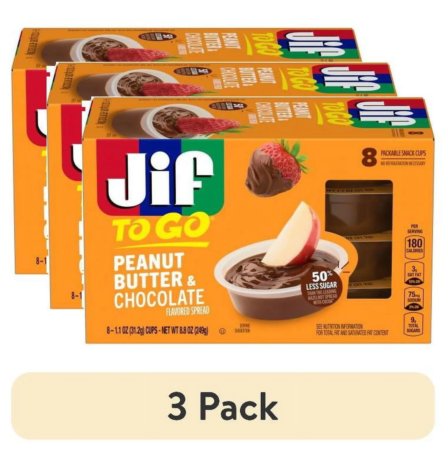 (3 pack) Jif To Go Peanut Butter & Chocolate Flavored Spread, 8 Single-Serve Cups, 1.1 Oz. Each