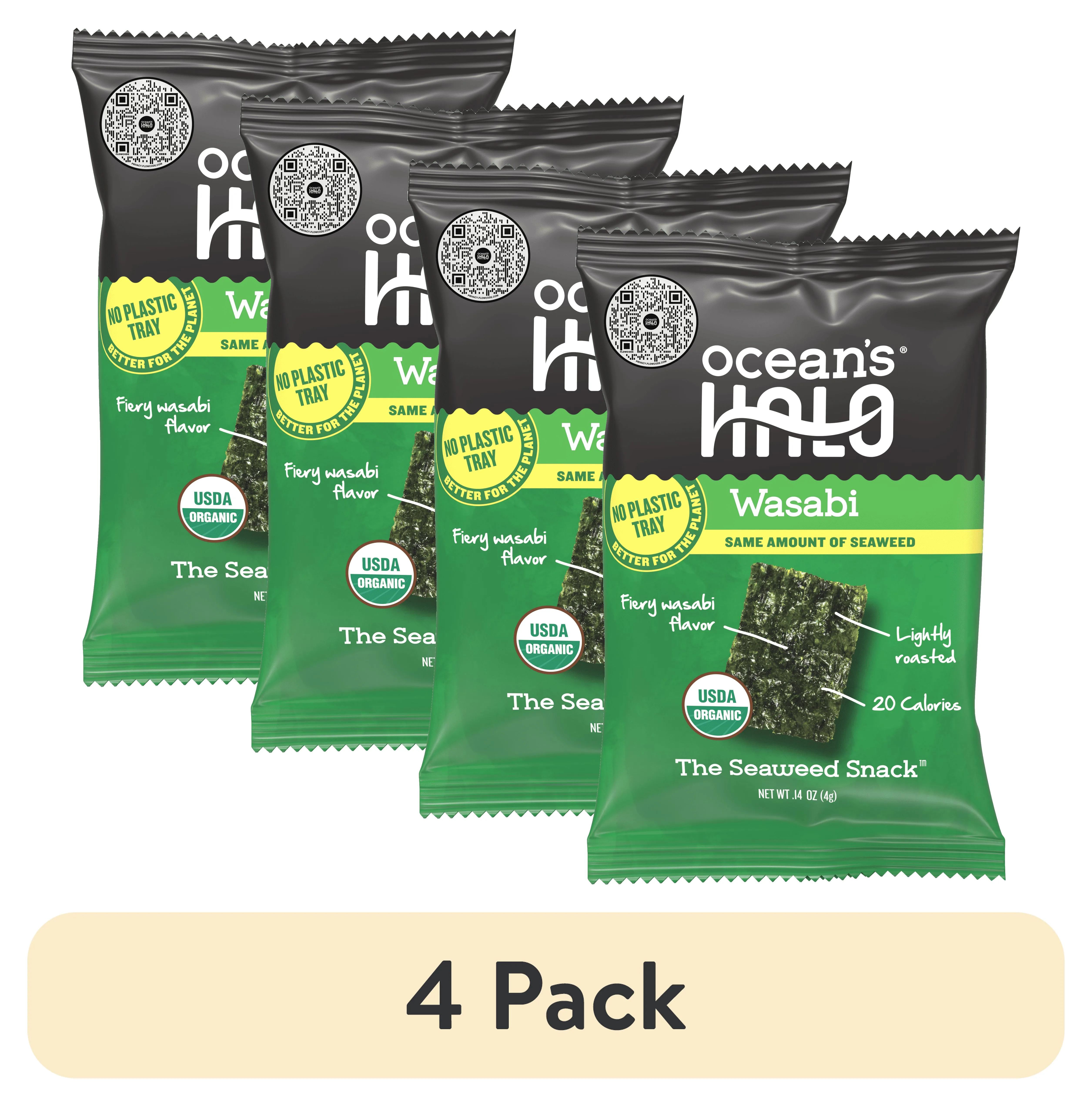 (4 pack) Ocean's Halo, Organic Trayless Seaweed Snack, Wasabi, Vegan, No Plastic Tray, 1pk Nori Sheets, Shelf-Stable, 0.14 oz
