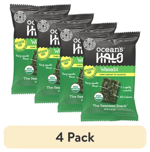 (4 pack) Ocean's Halo, Organic Trayless Seaweed Snack, Wasabi, Vegan, No Plastic Tray, 1pk Nori Sheets, Shelf-Stable, 0.14 oz