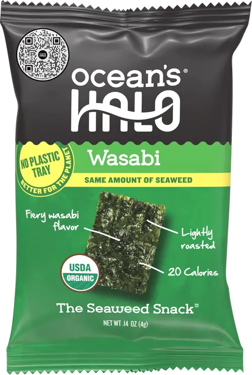 (4 pack) Ocean's Halo, Organic Trayless Seaweed Snack, Wasabi, Vegan, No Plastic Tray, 1pk Nori Sheets, Shelf-Stable, 0.14 oz thumbnail 2