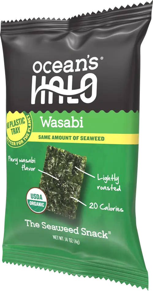(4 pack) Ocean's Halo, Organic Trayless Seaweed Snack, Wasabi, Vegan, No Plastic Tray, 1pk Nori Sheets, Shelf-Stable, 0.14 oz thumbnail 3