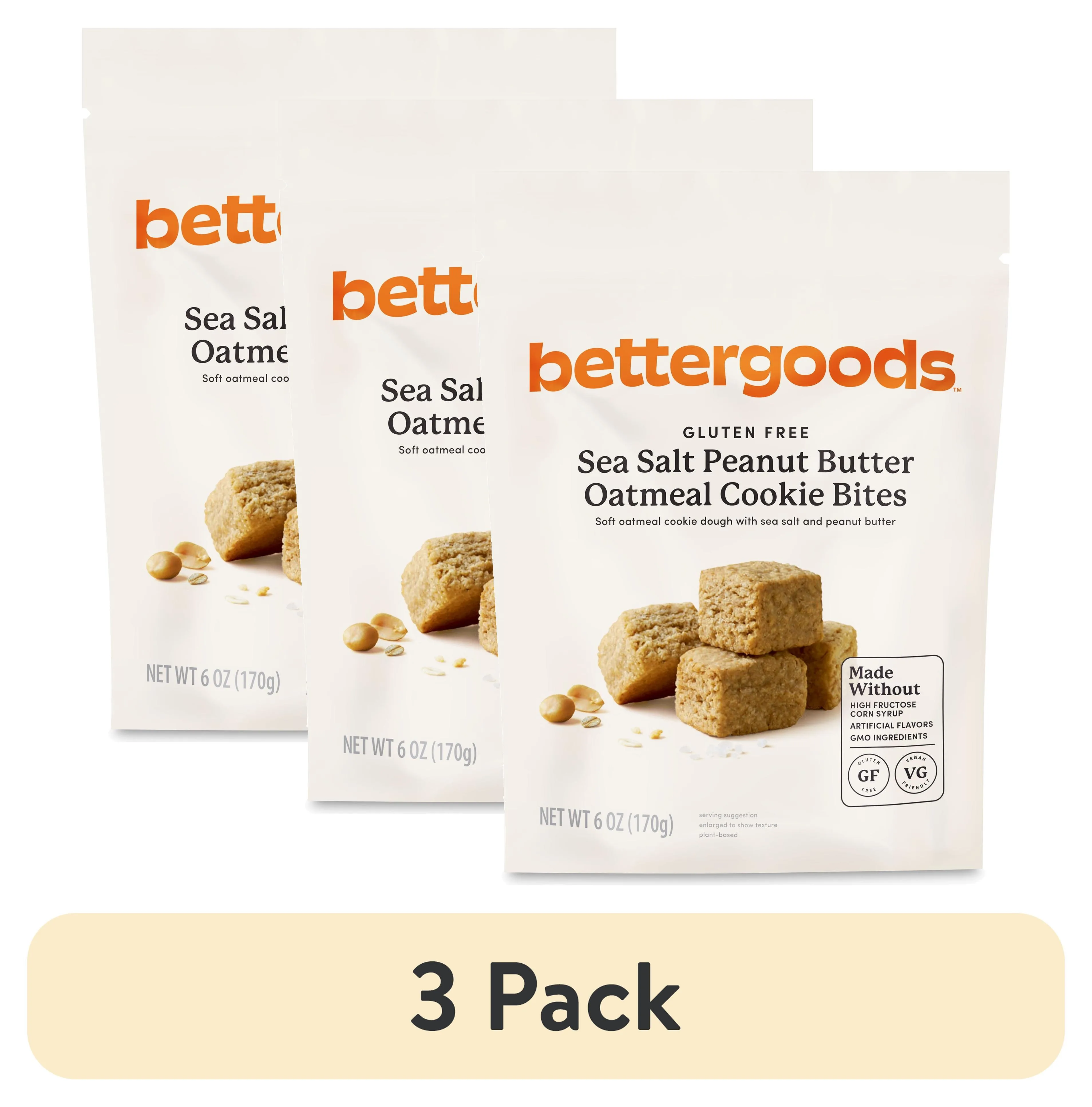 (3 pack) bettergoods Gluten Free Sea Salt Peanut Butter Oatmeal Cookie Bites, 6 oz