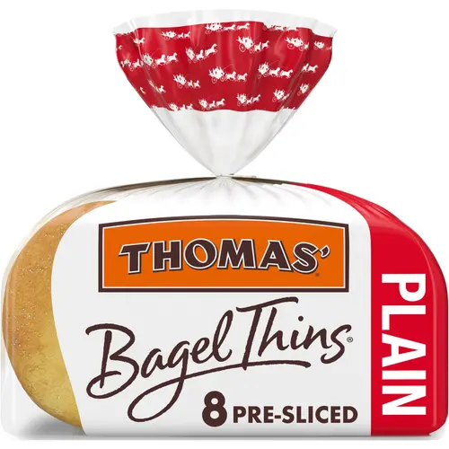 Thomas' Plain Bagel Thins, 8 count, Pre-sliced Bagels, 13 oz Bag