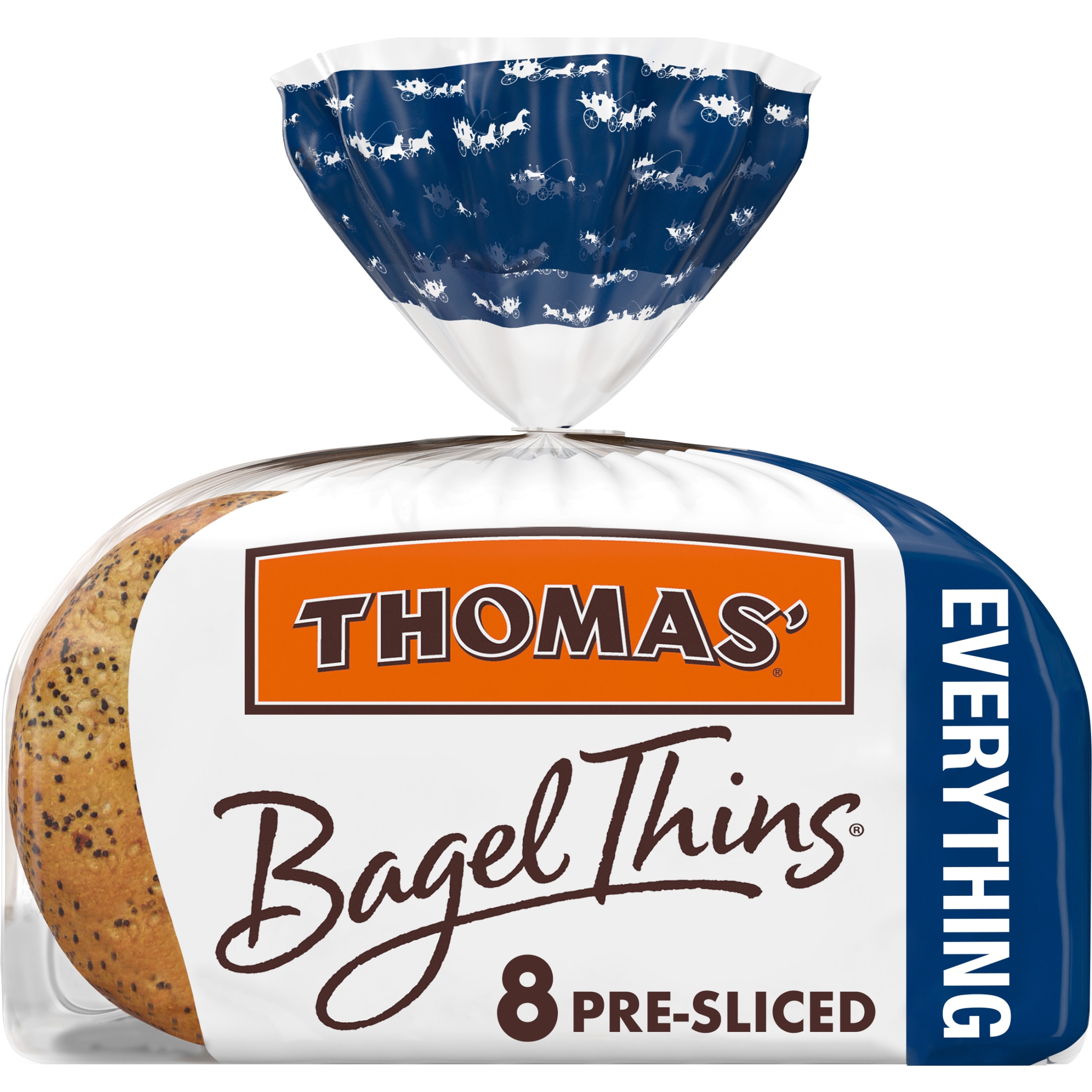 Thomas' Bagel Thins Everything Bagels, 8 count, Pre-sliced Bagels, 13 oz Bag