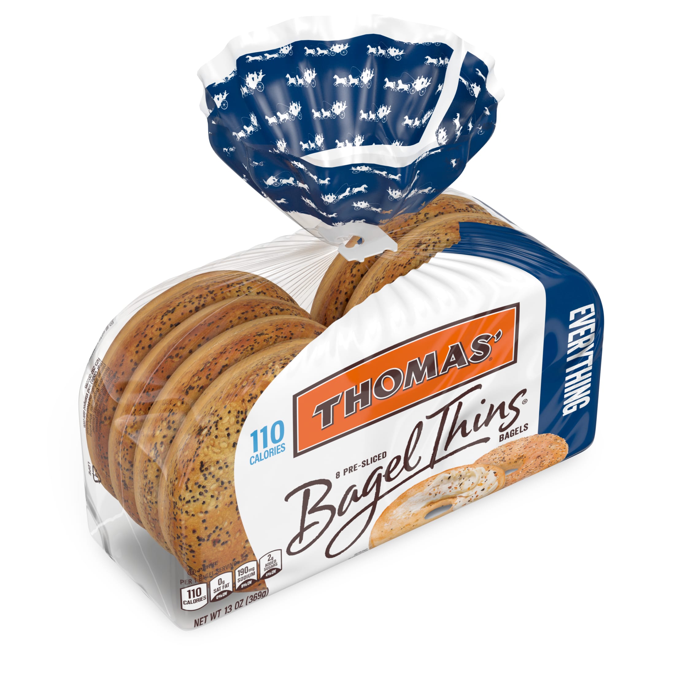 Thomas' Bagel Thins Everything Bagels, 8 count, Pre-sliced Bagels, 13 oz Bag thumbnail 2