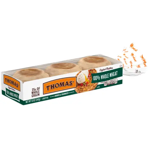 Thomas' Whole Wheat English Muffins, 6 count, English Muffins, 12 oz Tray thumbnail 2