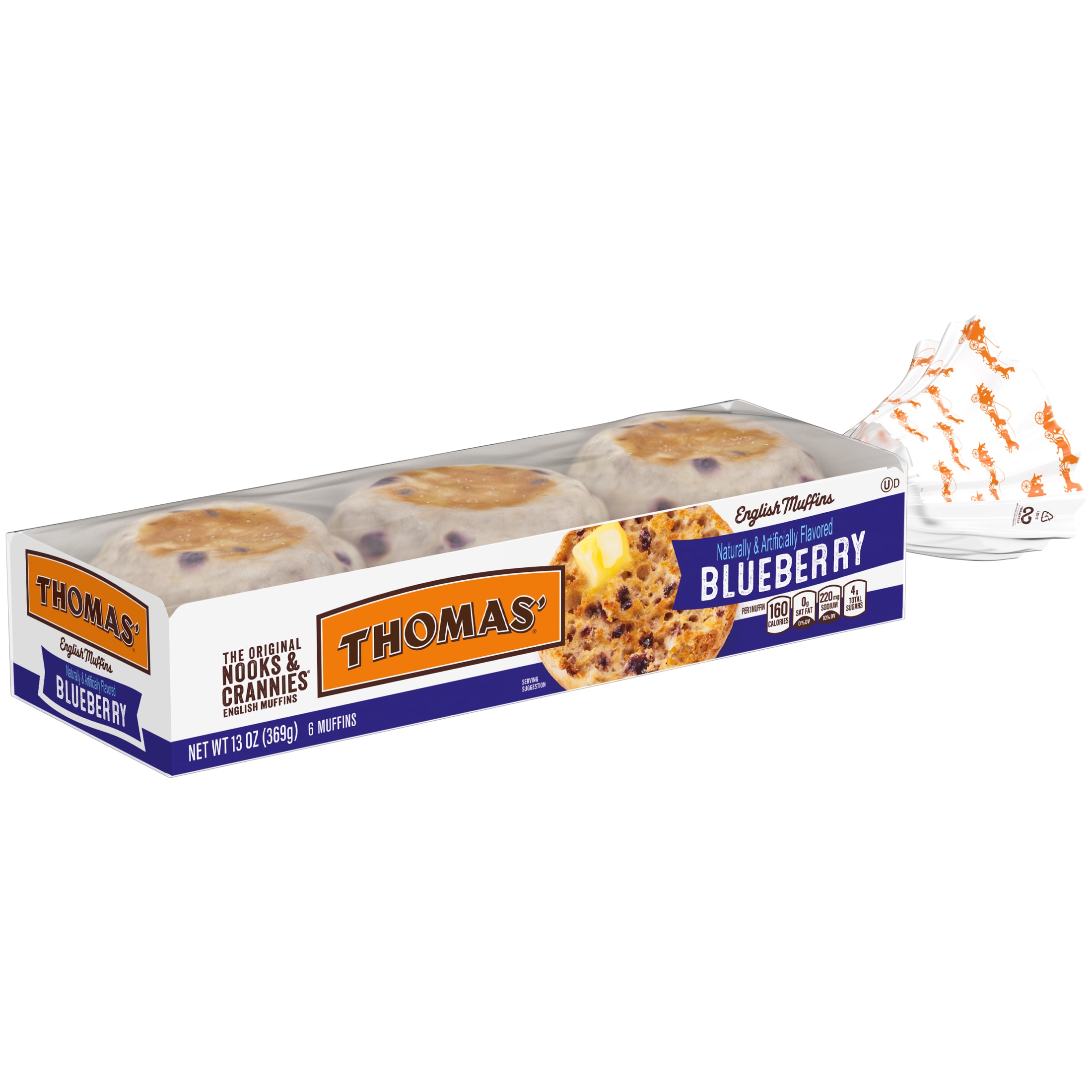 Thomas' Nooks & Crannies Blueberry English Muffins, 6 count, English Muffins, 13 oz Tray thumbnail 2