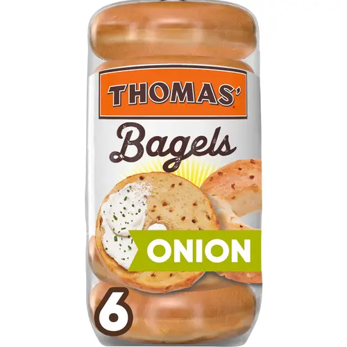Thomas' Onion Bagels, 6 count, Pre-sliced Bagels, 20 oz Bag