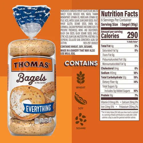 Thomas' Everything Bagels, 6 count, Pre-sliced Bagels, 20 oz Bag thumbnail 4