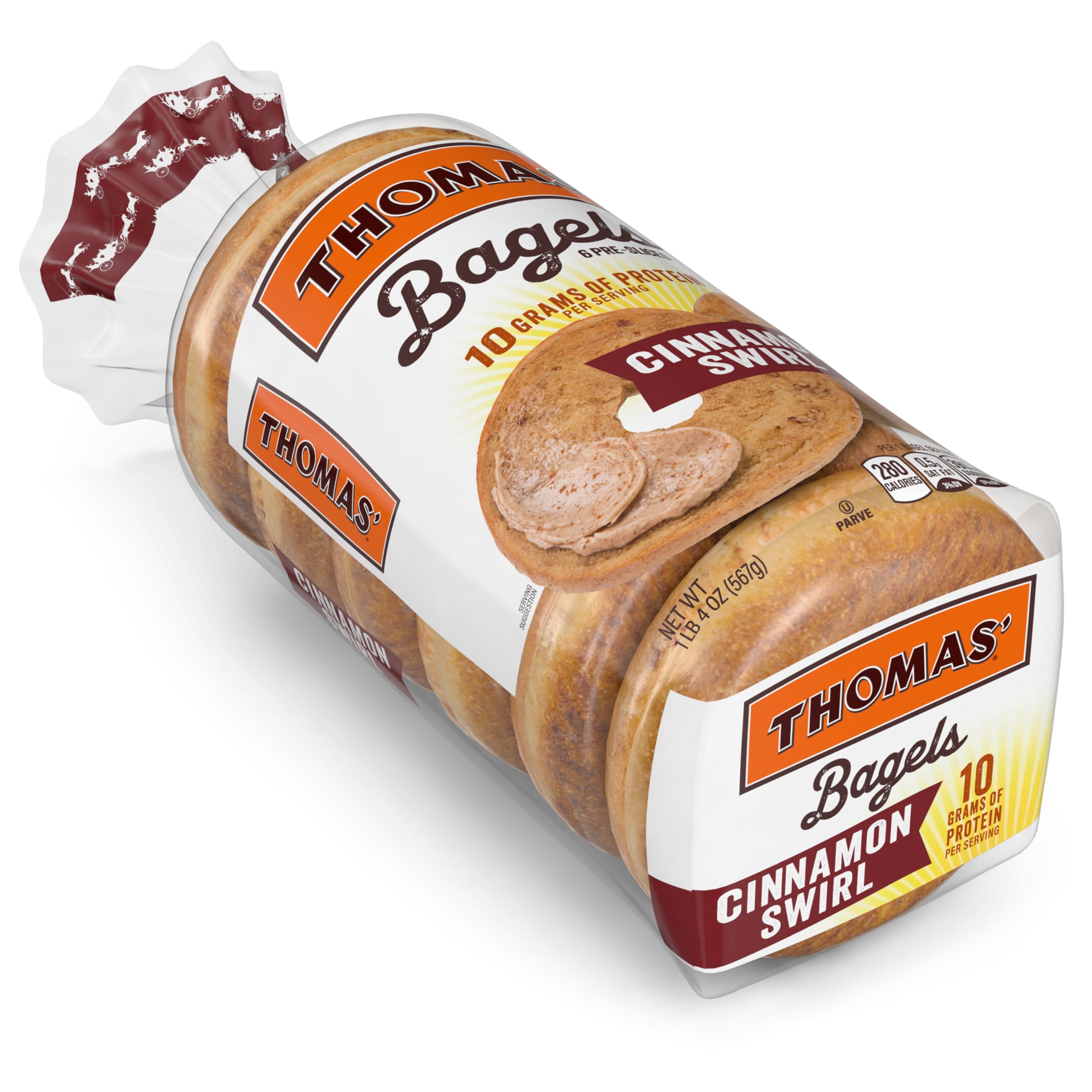 Thomas' Cinnamon Swirl Bagels, 6 count, Cinnamon Pre-sliced Bagels, 20 oz Bag thumbnail 2