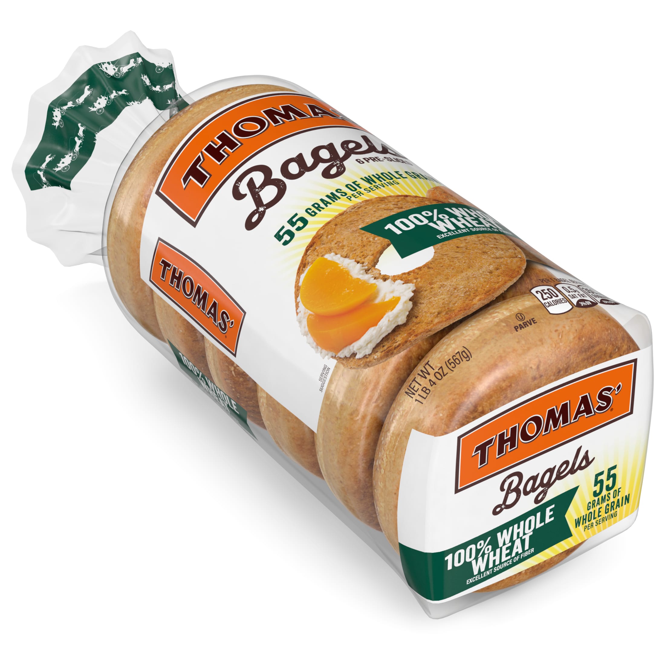 Thomas' Whole Wheat Bagels, 6 count, Pre-sliced Bagels, 20 oz Bag thumbnail 2